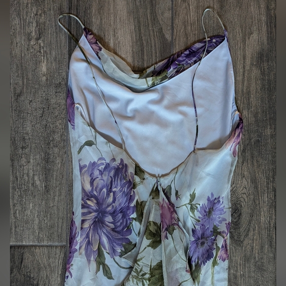 100% SILK Floral Blue Purple Cowl Neck slip formal dress ruffle - Picture 7 of 9